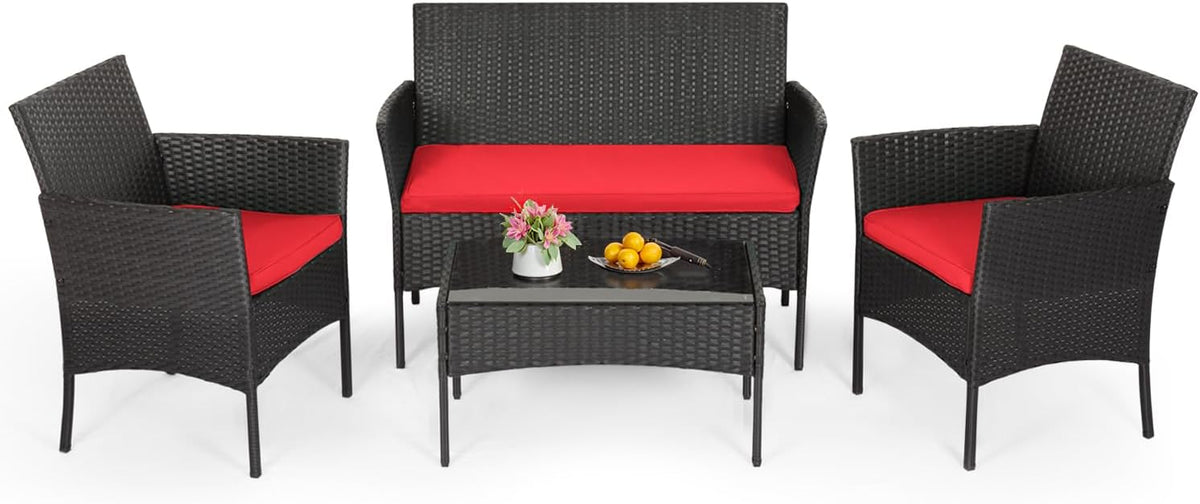 FDW | 4-Piece Patio Furniture Set | Black | Outdoor Wicker Furniture with Coffee Table | Modern Rattan Chairs Conversation Set | Outdoor Seating | Weather-Resistant | for Porch, Garden, Lawn