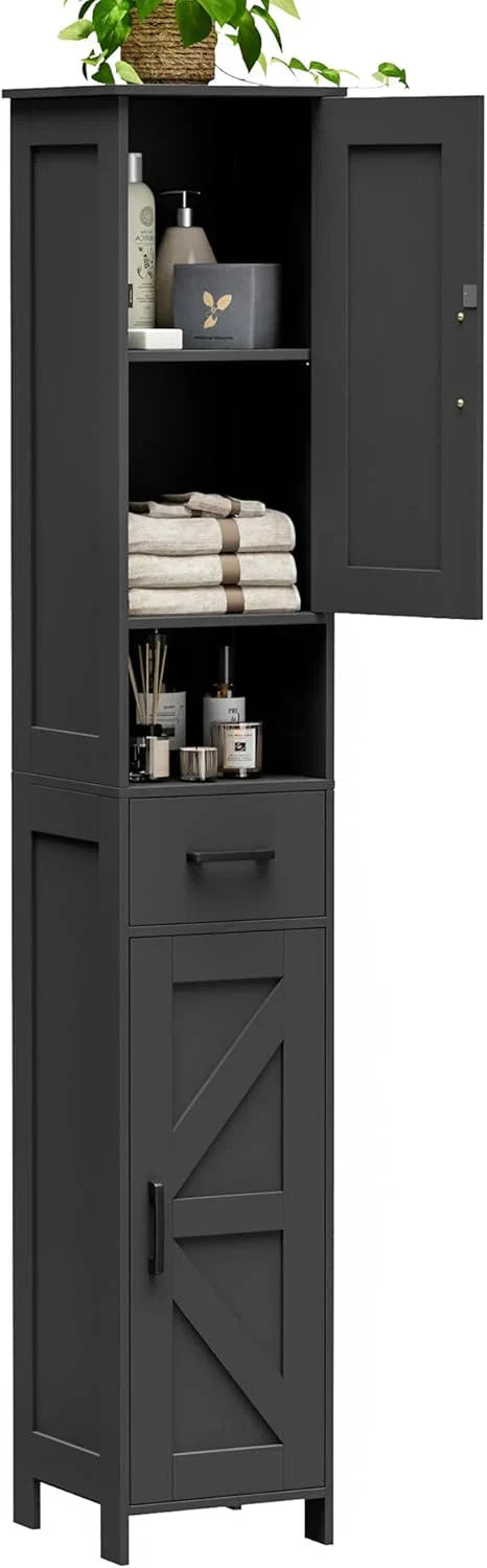Homhedy 67" H Tall Bathroom Storage Cabinet with 2 Barn Doors and 1 Drawer Narrow Storage Unit