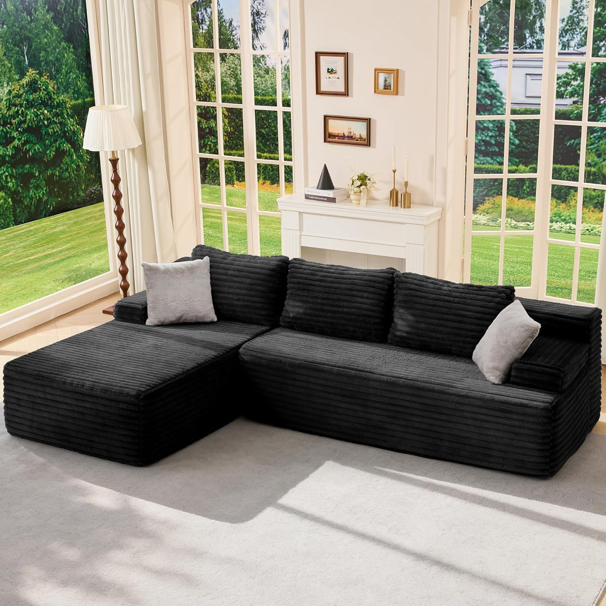 Modular Sectional Sofa Couches L-Shape Couch 3 Seat Modular Sofa Memory Foam Sectional Couches for Living Room, Cloud Couch with Oversized Chaise (Grey Stripe, 96" Left Facing Chaise)