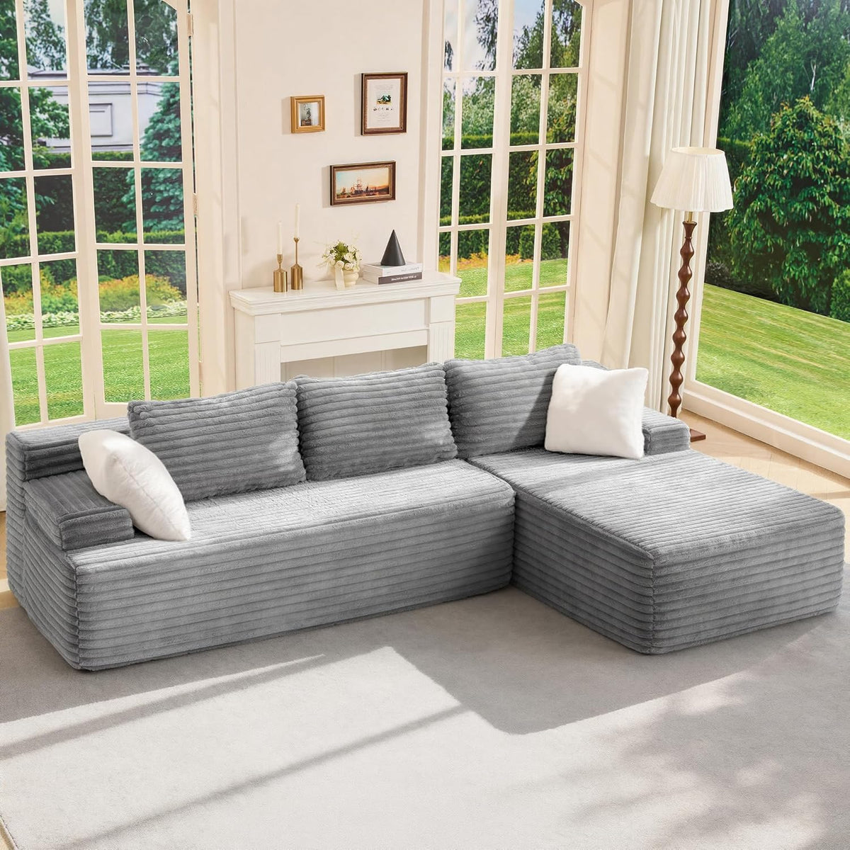 Modular Sectional Sofa Couches L-Shape Couch 3 Seat Modular Sofa Memory Foam Sectional Couches for Living Room, Cloud Couch with Oversized Chaise (Grey Stripe, 96" Left Facing Chaise)