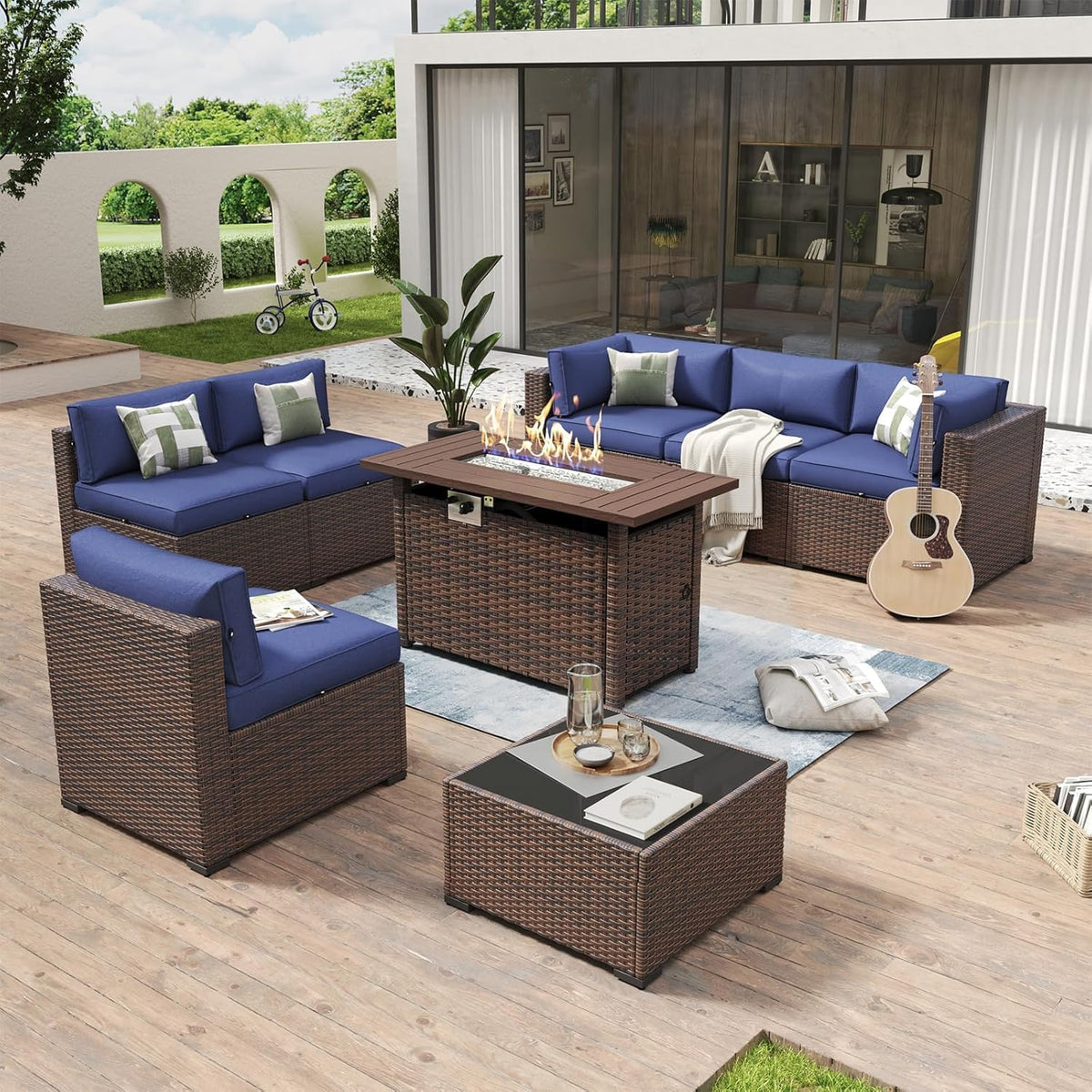 Aoxun 8 Piece Patio Furniture Set with 44?Fire Pit Table Wicker Rattan Outdoor Sectional Sofa Set with Coffee Table and Thickened Cushions, Beige (Waterproof Cover Included)