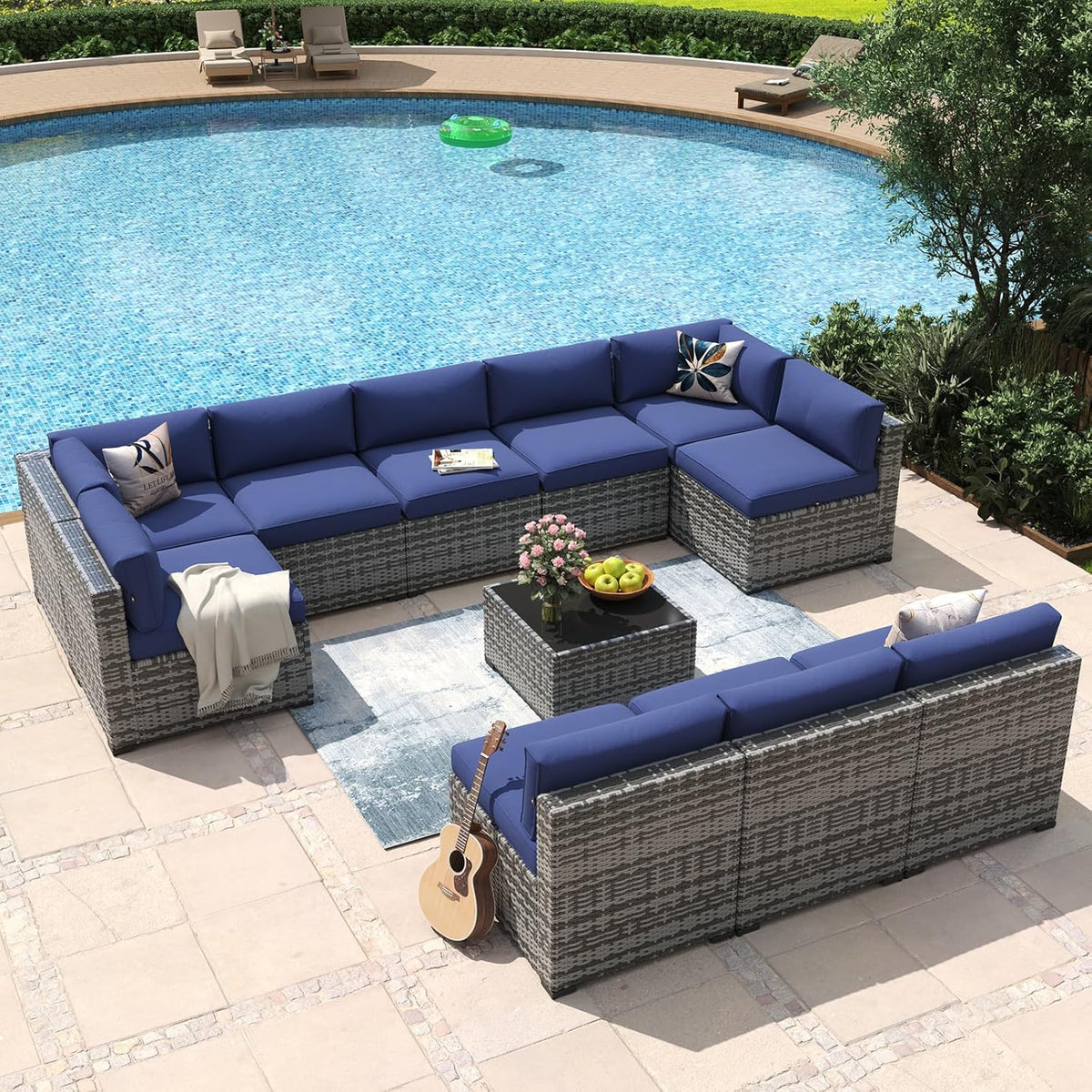 Aoxun 8 Piece Patio Furniture Set with 44?Fire Pit Table Wicker Rattan Outdoor Sectional Sofa Set with Coffee Table and Thickened Cushions, Beige (Waterproof Cover Included)