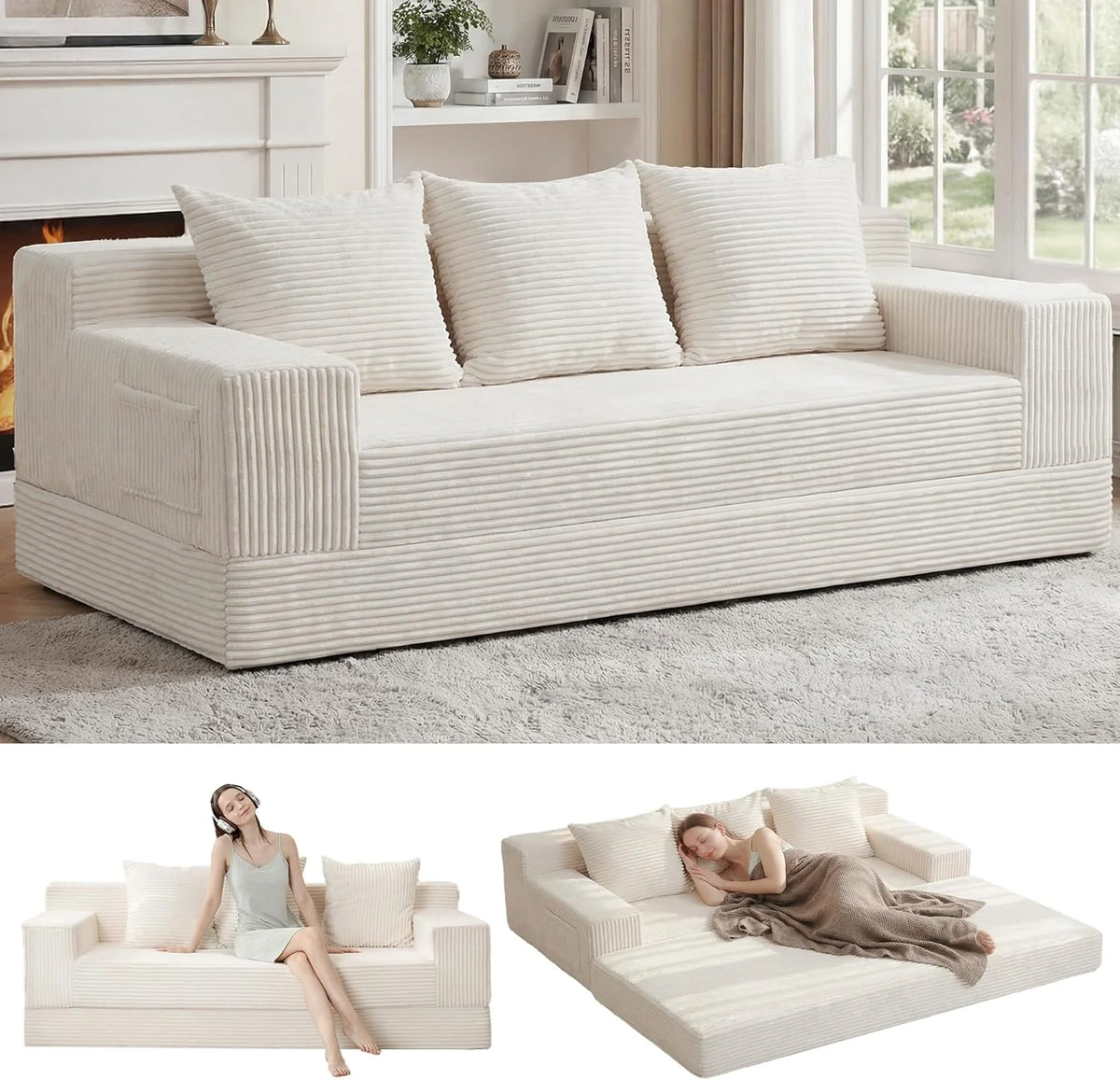 Loveseat Boneless Convertible Sofa Bed, Folding Floor Futon Sleeper Sofa Couch Bed- Boneless Foldable Couch, Corduroy Pull Out Sofa Bed with 2 Pillows for Living Room & Bedroom