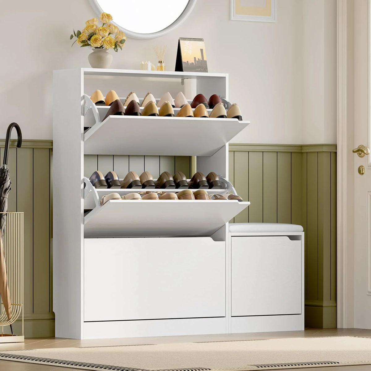 Shoe Cabinet with 3 Flip Drawers, Hidden Wood Shoe Cabinet,Freestanding Shoe Storage Cabinet