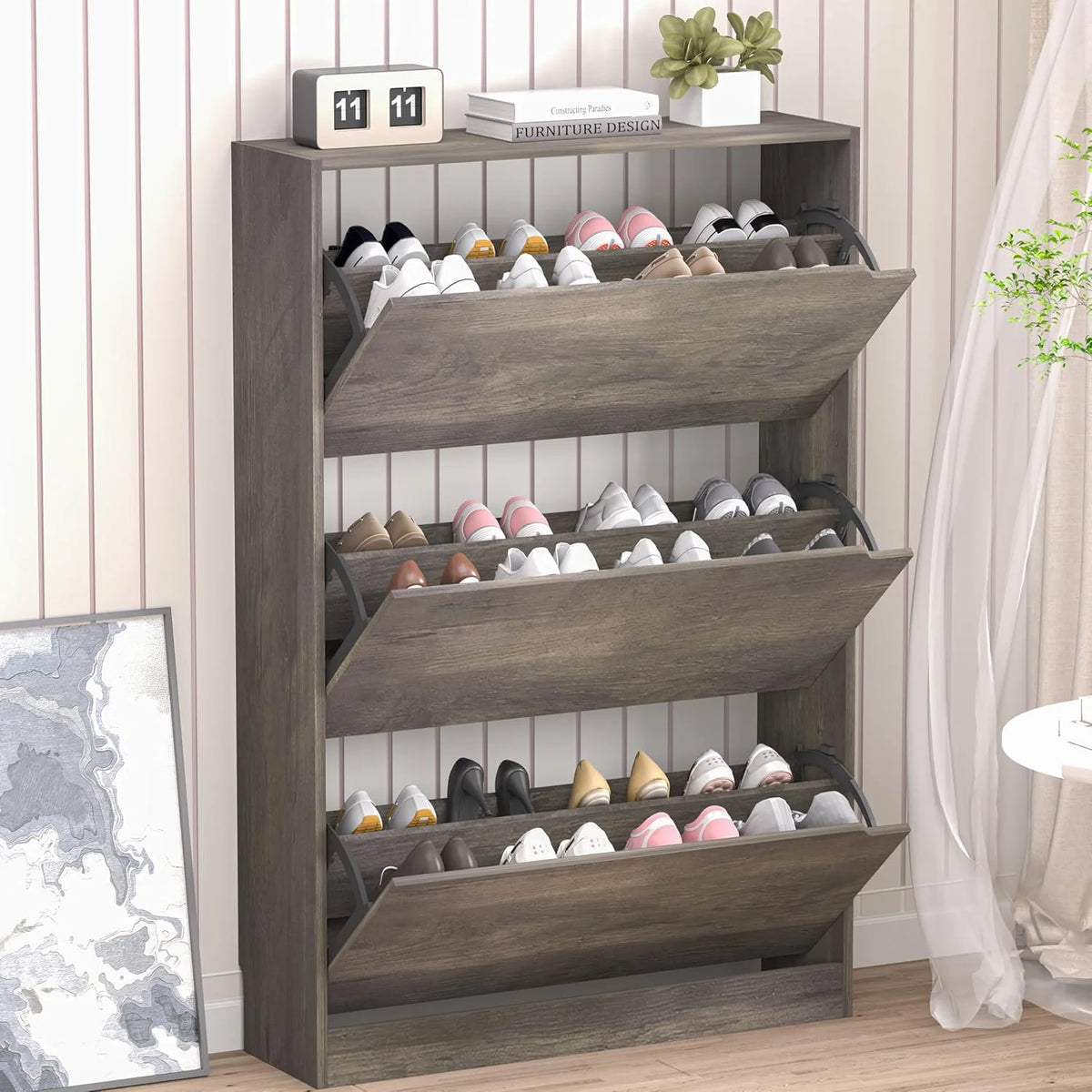 Shoe Cabinet with 3 Flip Drawers, Hidden Wood Shoe Cabinet,Freestanding Shoe Storage Cabinet