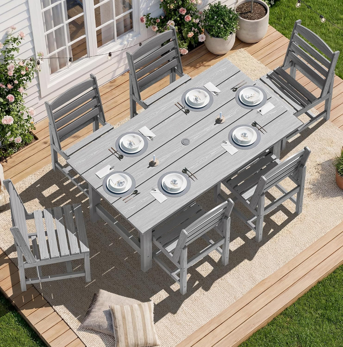 SERWALL 7-Piece Patio Dining Table Sets, Outdoor HDPE Dining Furniture Set with Umbrella Hole Cut-Out Table and 6 Chairs, Blue