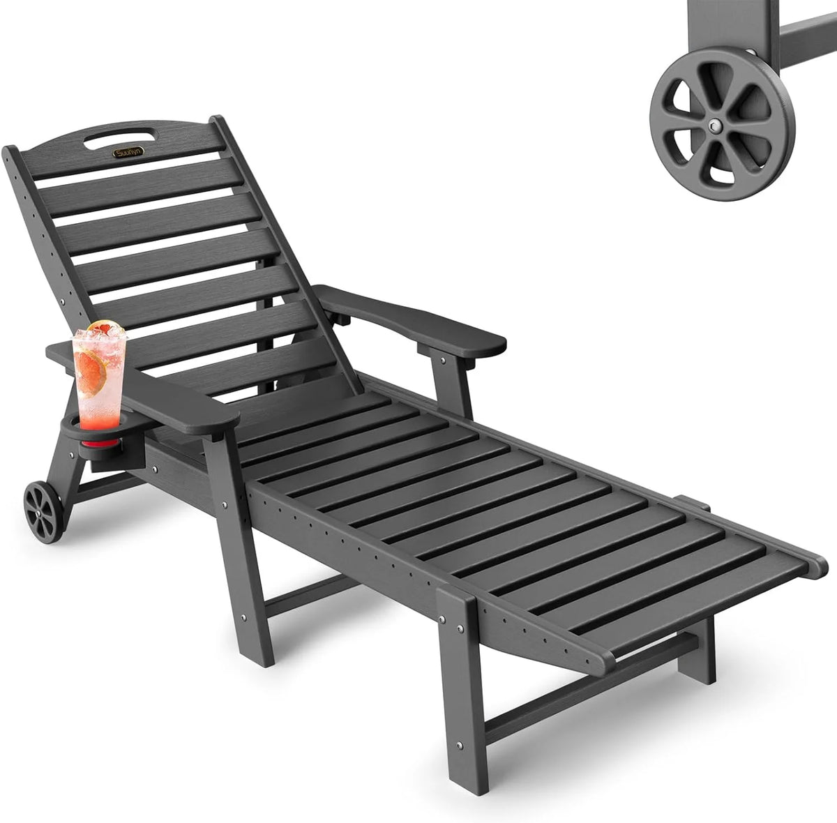 Lounge Chair Outdoor, Chaise Lounge, HDPE 6-Position Outdoor Chaise Lounge, Patio Lounge Chair with Wheels & Cup Holder for Pool Poolside Deck Backyard, Teak