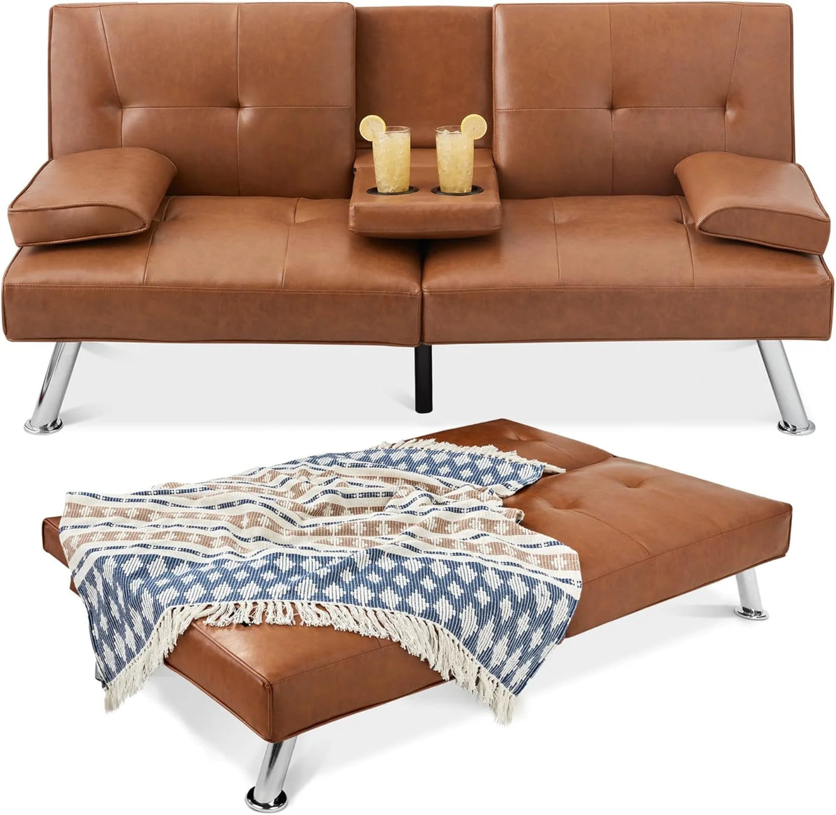 Best Choice Products Faux Leather Upholstered Modern Convertible Futon, Adjustable Folding Sofa Bed
