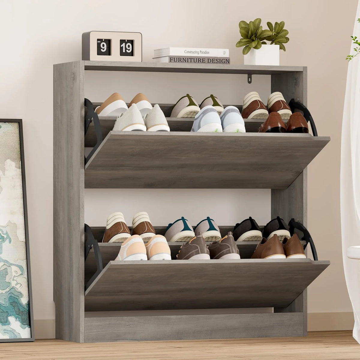 Shoe Cabinet with 3 Flip Drawers, Hidden Wood Shoe Cabinet,Freestanding Shoe Storage Cabinet