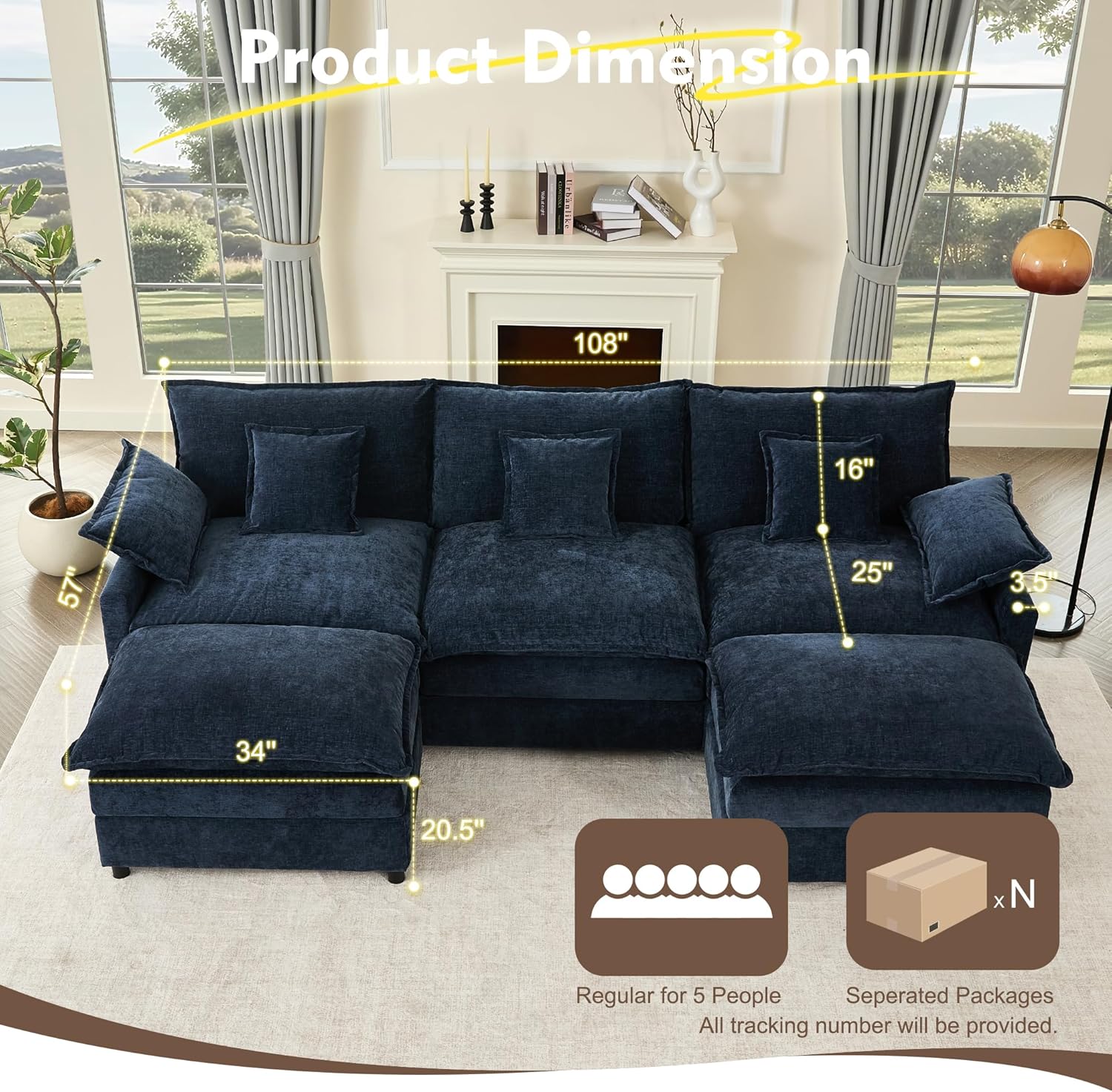 108" U-shaped sofa modular sofa three-seater comfortable cloud sofa