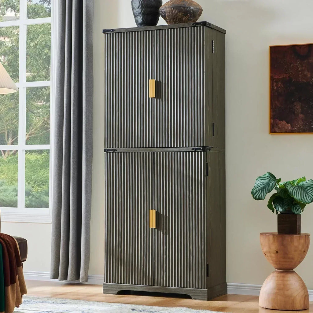 Fluted Pantry Cabinet 72" Tall Modern Storage Cabinet with 4 Doors Organizer Drawer