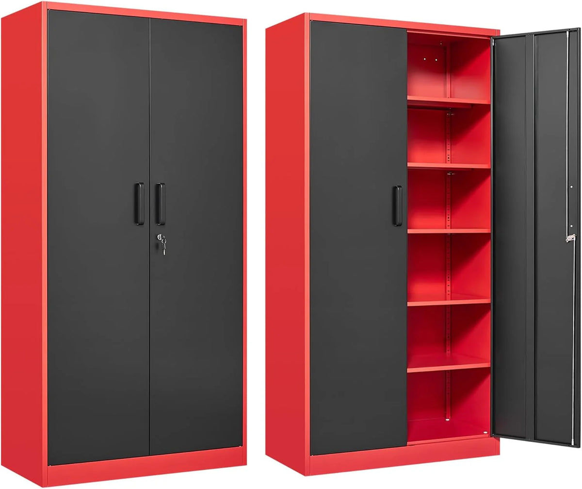 Metal Storage Cabinet with 2 Doors and 6 Shelves,Black Metal Cabinet with Lock,71" Lockable Garage Storage Cabinets,Locking File Cabinet,Steel Tool Cabinets for Home,Office,Garage,Shop,School