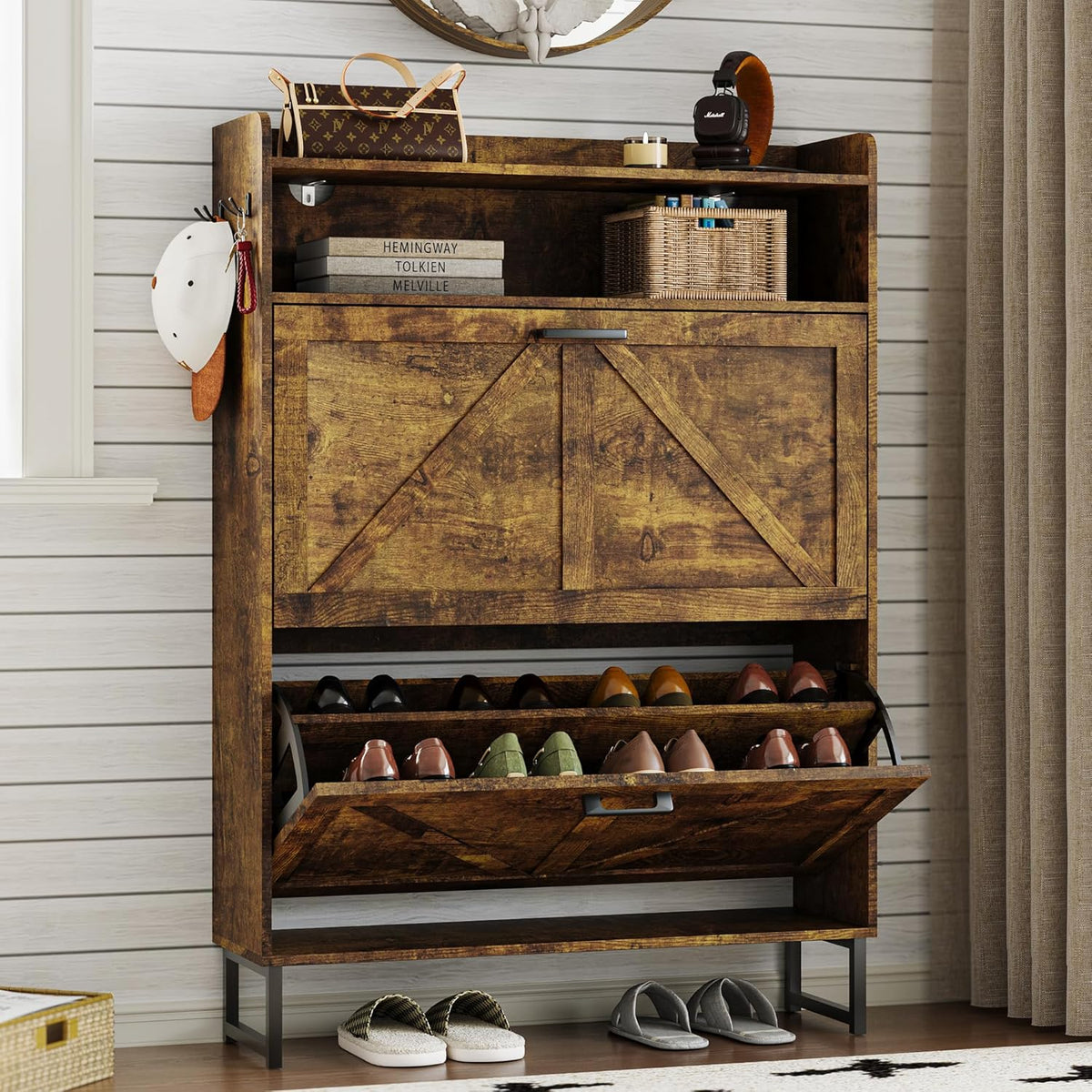 Shoe cabinet with 2 flip-top drawers Narrow shoe storage cabinet