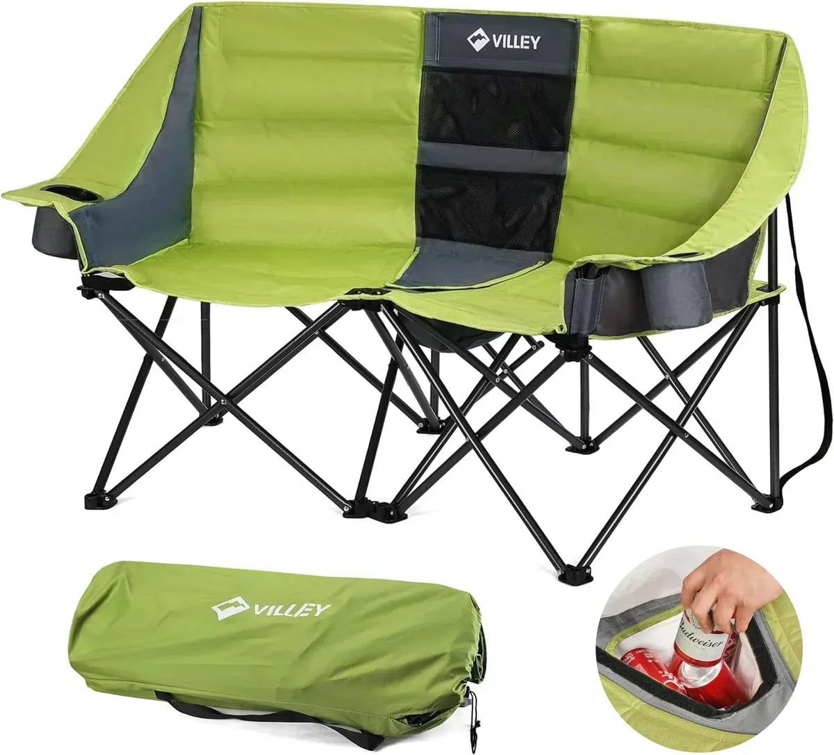 Double camping chair extra wide love seat heavy duty padded camping sofa portable folding chair