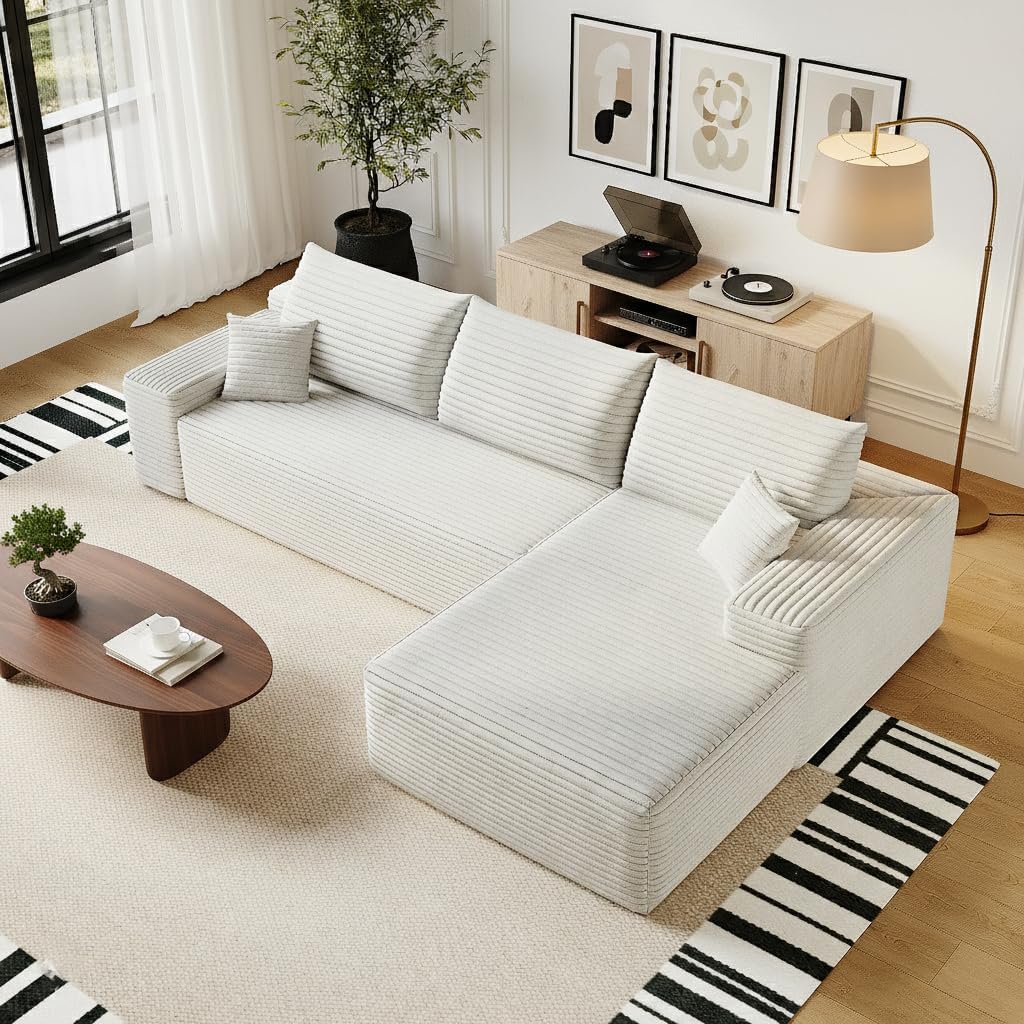 135" Oversized Compressed Sectional Sofa - 33D High-Density Foam Cloud Couch with Deep Seat - Minimalist 3-Piece Corduroy Upholstered Boneless Modular Lounge Couch | Breathable material, Full Foam, Anti-slip