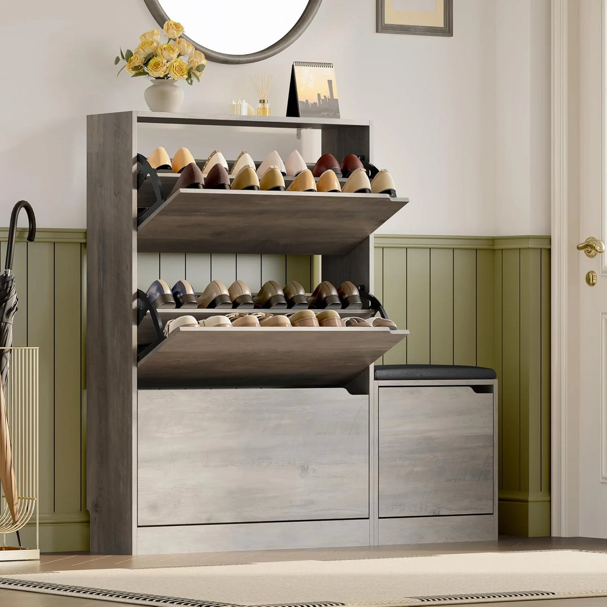 Shoe Cabinet with 3 Flip Drawers, Hidden Wood Shoe Cabinet,Freestanding Shoe Storage Cabinet