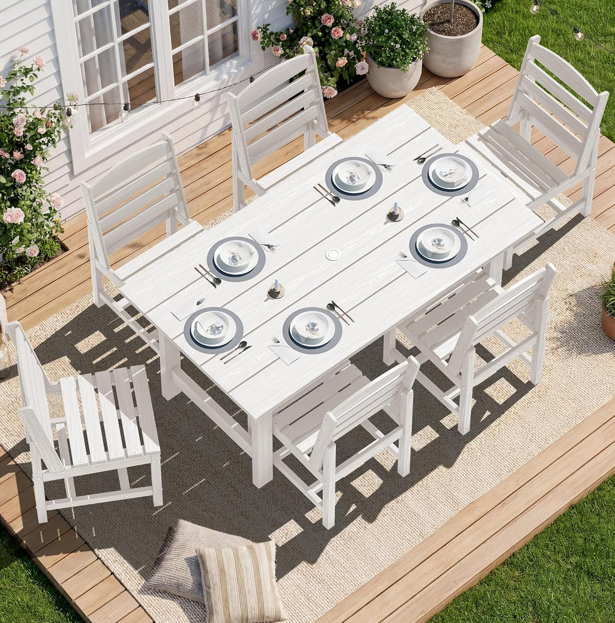 SERWALL 7-Piece Patio Dining Table Sets, Outdoor HDPE Dining Furniture Set with Umbrella Hole Cut-Out Table and 6 Chairs, Blue