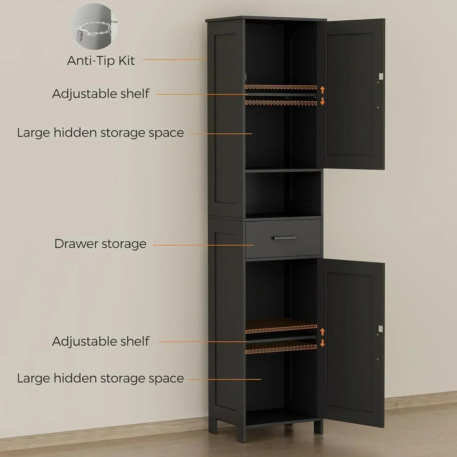 Homhedy 67" H Tall Bathroom Storage Cabinet with 2 Barn Doors and 1 Drawer Narrow Storage Unit