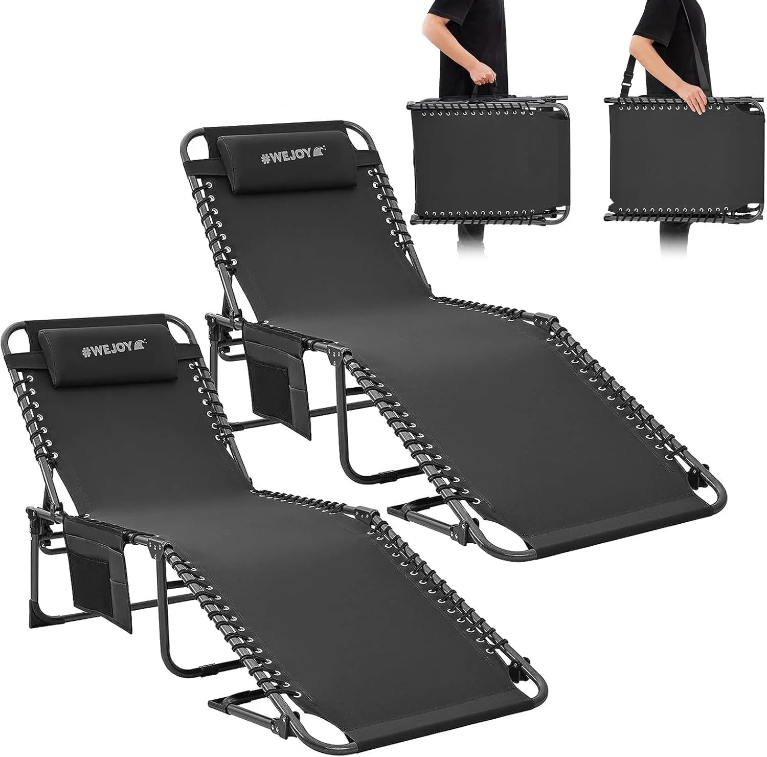 2 Pack Outdoor Chaise Lounge Chair - Portable Folding Patio Pool Lounge Chair, 5 Positions Adjustable Reclining Camping Chair with Side Table,Shoulder Strap, Pillow for Beach Sunbathing Lawn