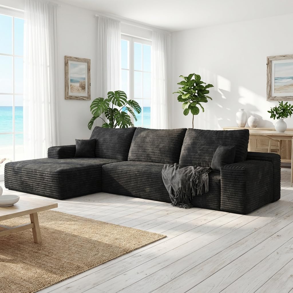 135" Oversized Compressed Sectional Sofa - 33D High-Density Foam Cloud Couch with Deep Seat - Minimalist 3-Piece Corduroy Upholstered Boneless Modular Lounge Couch | Breathable material, Full Foam, Anti-slip