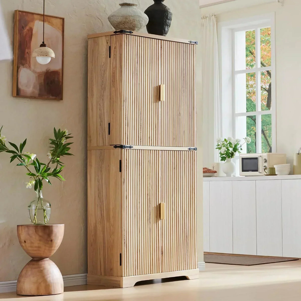 Fluted Pantry Cabinet 72" Tall Modern Storage Cabinet with 4 Doors Organizer Drawer