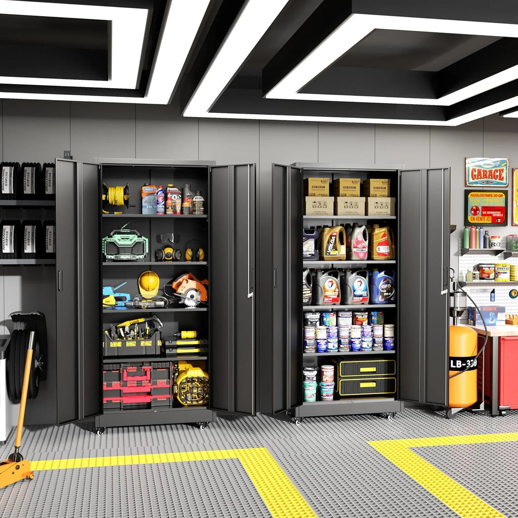 Greenvelly Metal Storage Cabinet, 72" Black Locking Metal Cabinet with 2 Doors and 4 Adjustable Shelves, Lockable Garage Storage Cabinets for Home Office, Garage, Kitchen, Living Room