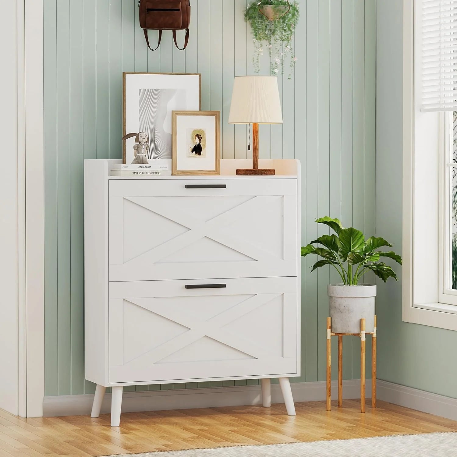 32" wide farmhouse shoe cabinet with 2 flip-top drawers and barn door design, adjustable shelves