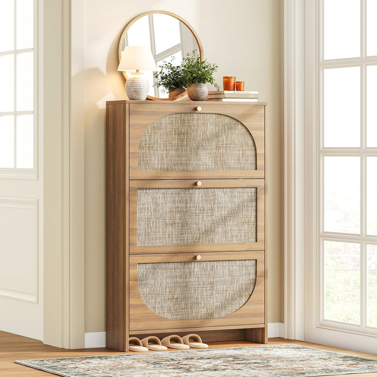 Nicetree freestanding ultra-thin arched rattan shoe cabinet