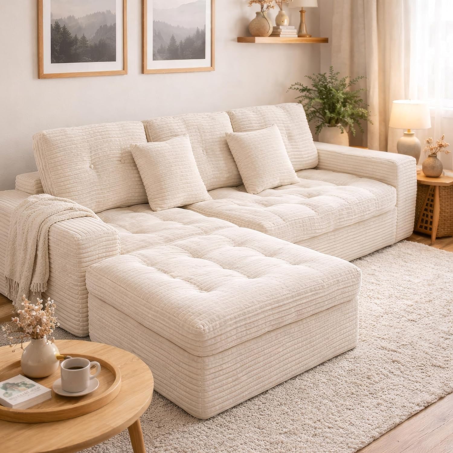 135" Oversized Compressed Sectional Sofa - 33D High-Density Foam Cloud Couch with Deep Seat - Minimalist 3-Piece Corduroy Upholstered Boneless Modular Lounge Couch | Breathable material, Full Foam, Anti-slip