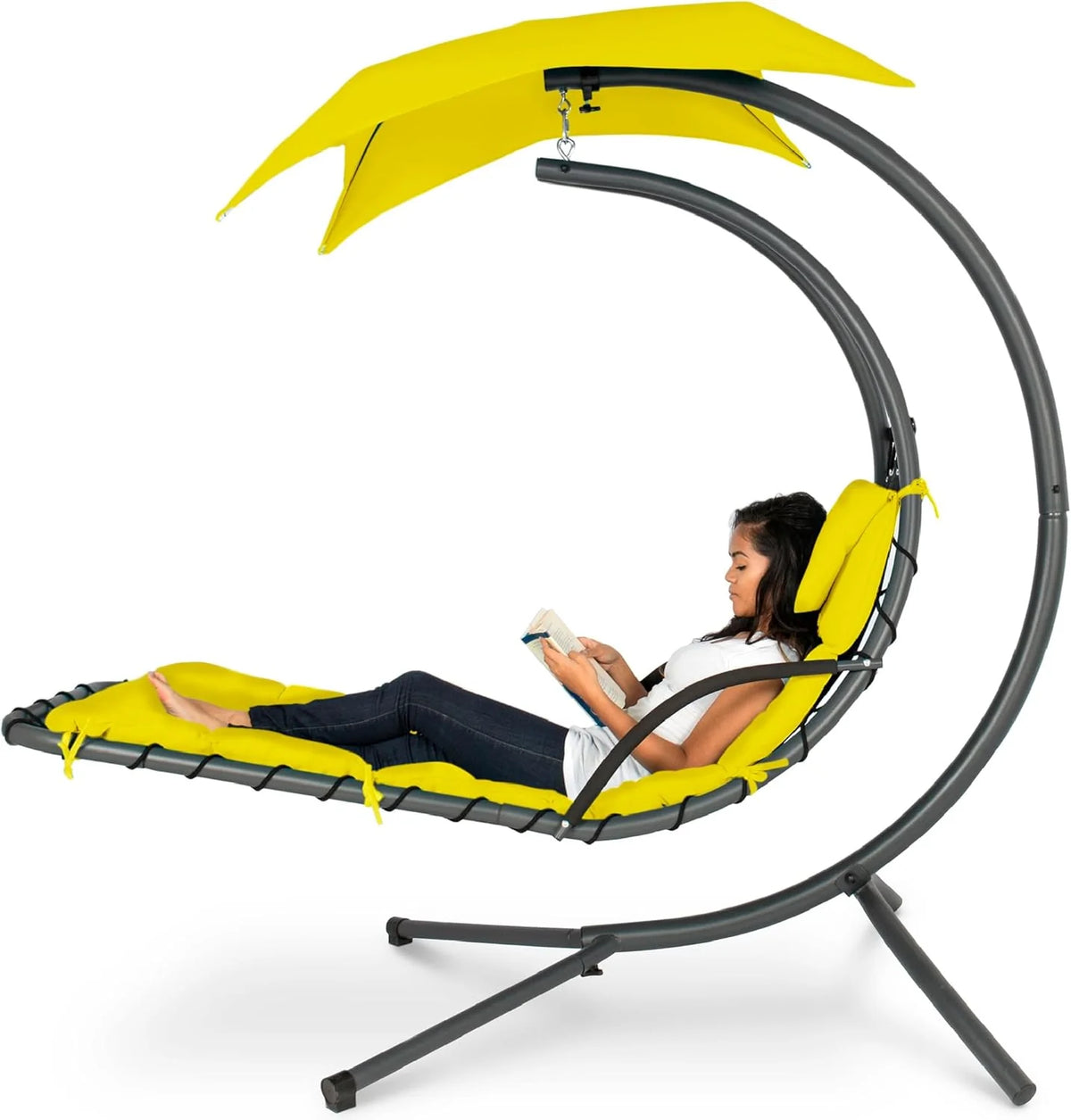 Best Choice Products Outdoor Hanging Curved Steel Chaise Lounge Chair Swing w/Built-in Pillow and Removable Canopy - Charcoal Gray