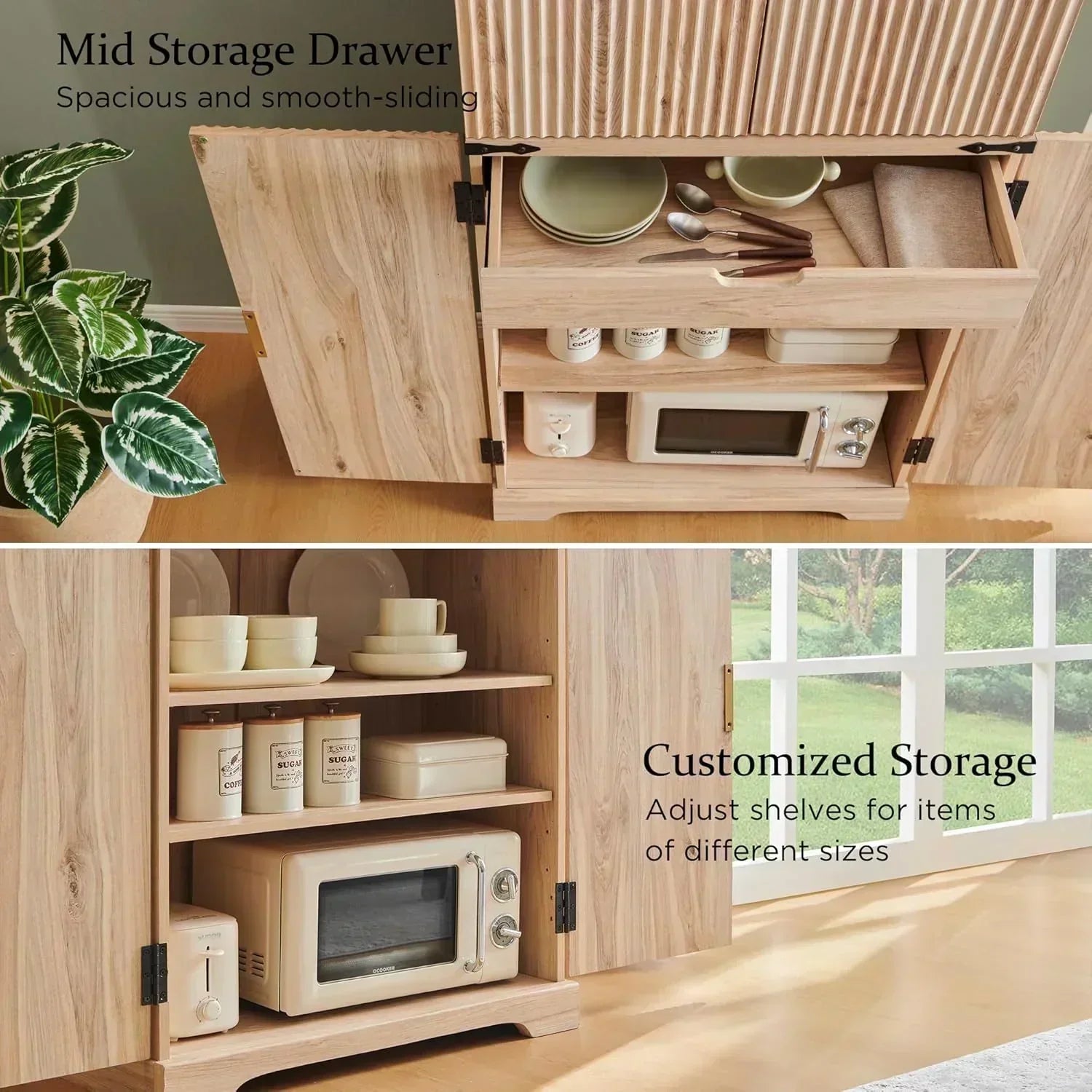 Fluted Pantry Cabinet 72" Tall Modern Storage Cabinet with 4 Doors Organizer Drawer