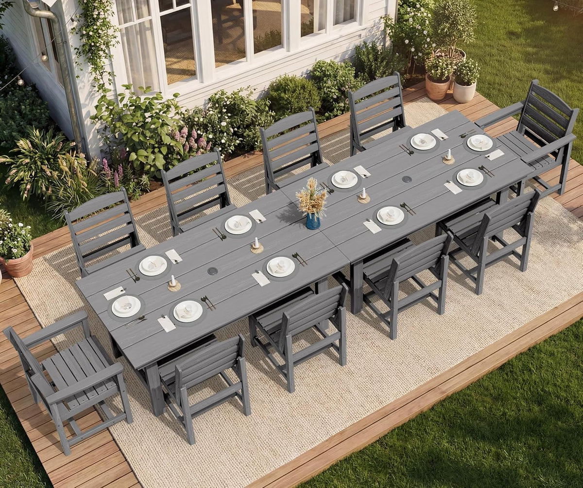 SERWALL 7-Piece Patio Dining Table Sets, Outdoor HDPE Dining Furniture Set with Umbrella Hole Cut-Out Table and 6 Chairs, Blue