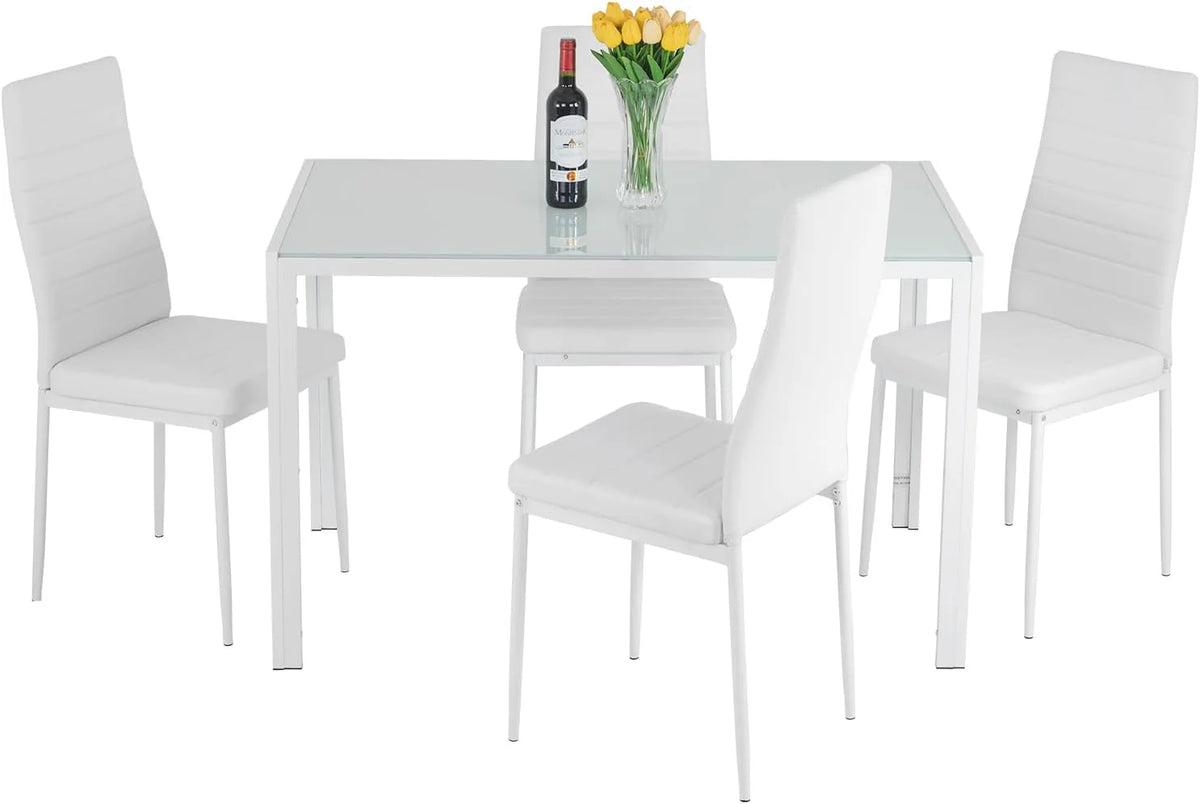 FDW Dining Table Set for 4 Glass Black Dining Table Kitchen Table with 4 Upholstered Chairs