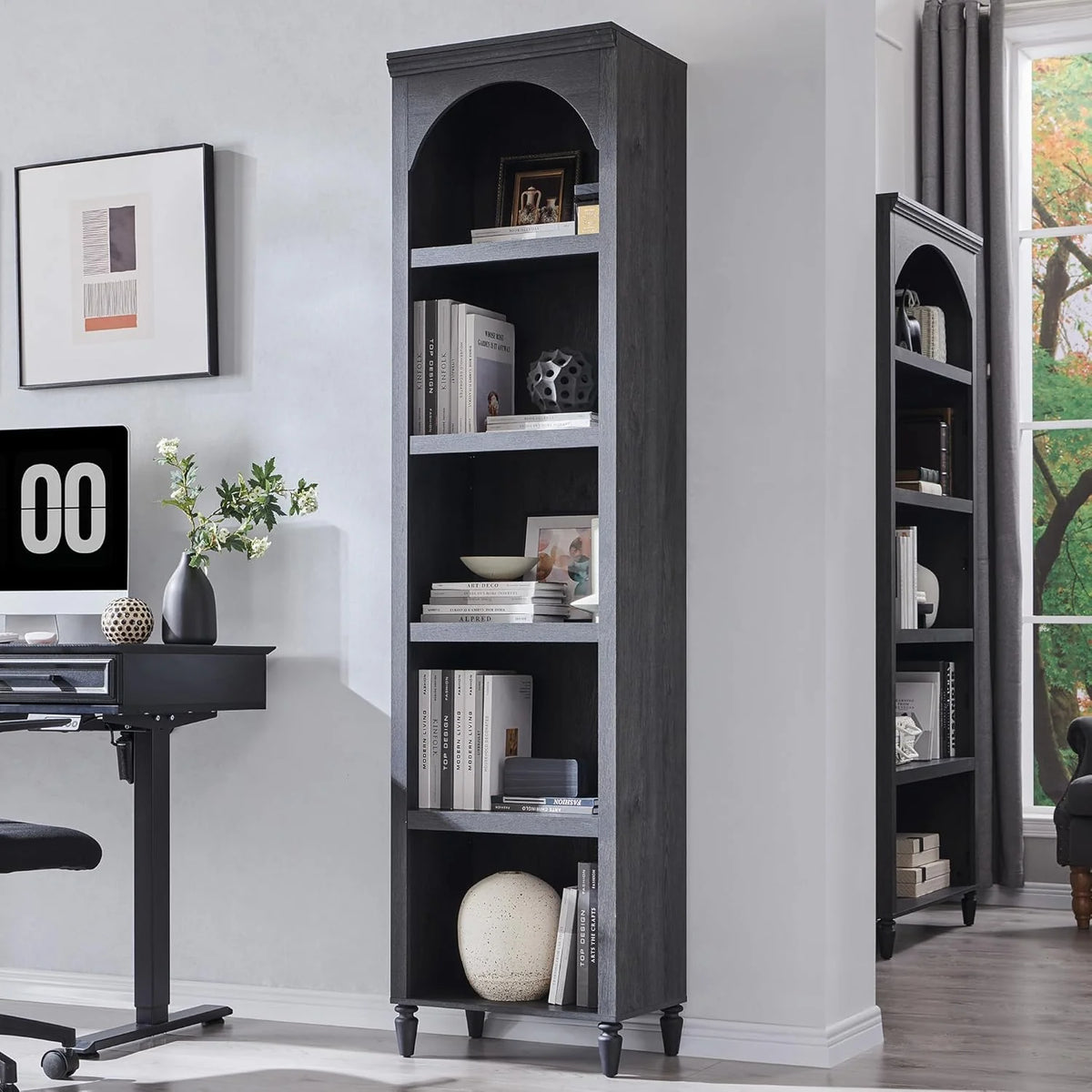 IFGET 76" Tall Arched Bookcase Farmhouse 5 Tiers Large Arched Bookshelf Cabinet Adjustable Shelves