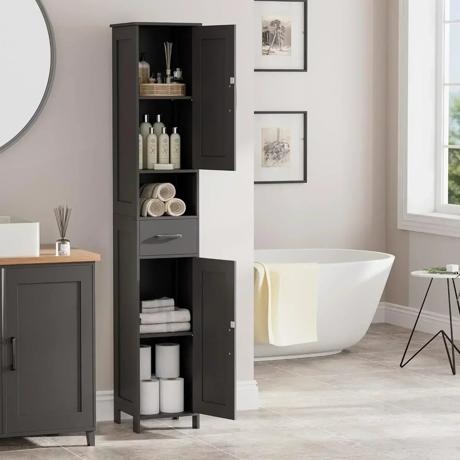 Homhedy 67" H Tall Bathroom Storage Cabinet with 2 Barn Doors and 1 Drawer Narrow Storage Unit