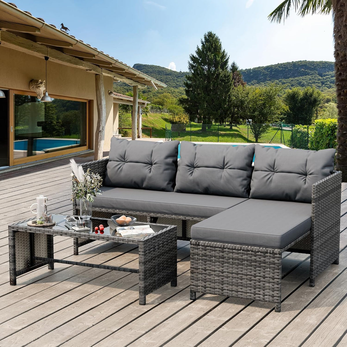 Shintenchi 3-Piece Outdoor Patio Furniture Sets, Wicker Patio Conversation Sets, All Weather Wicker Rattan Patio Seating Sofas with Glass Coffee Table and Cushion, Blue-Gray