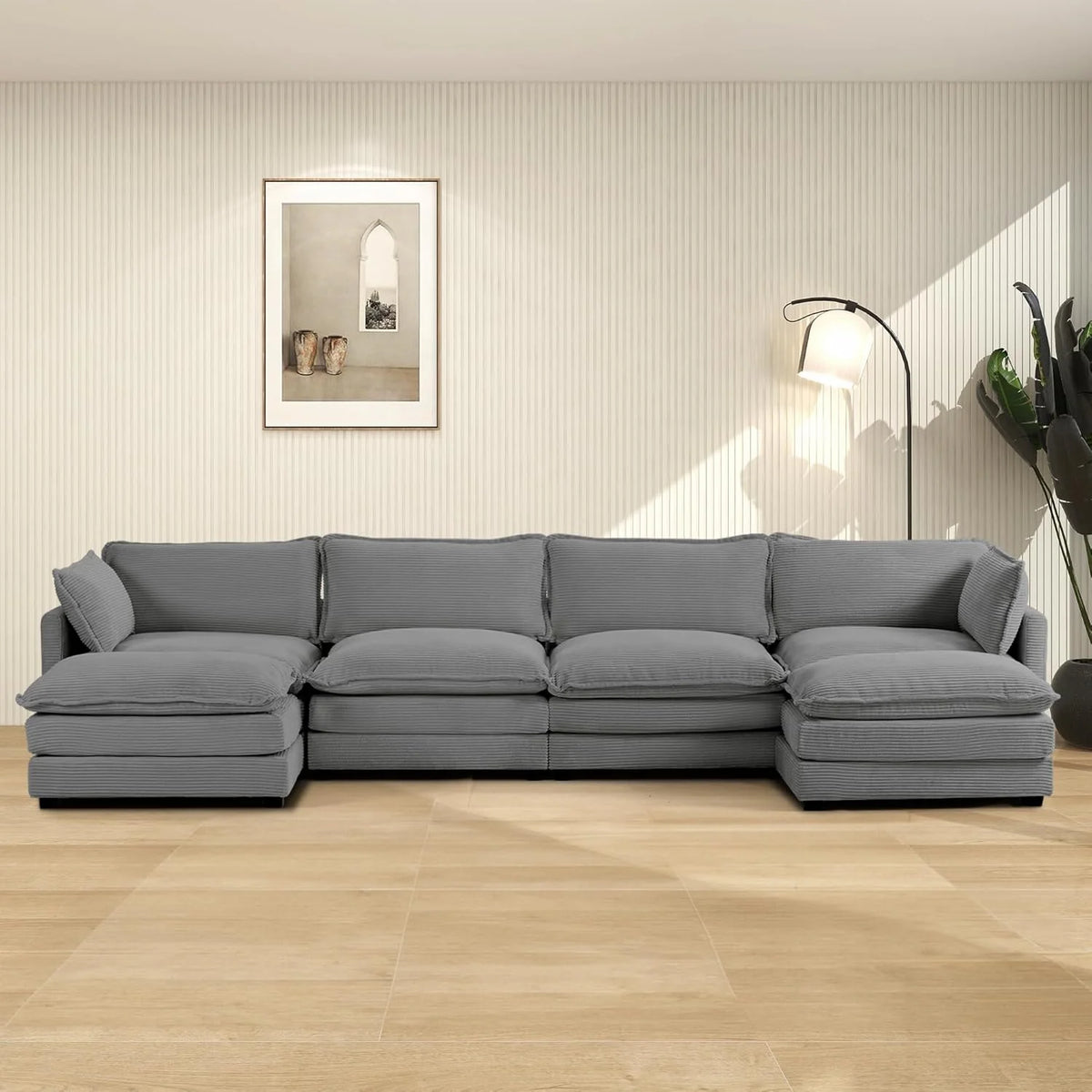 ROWHY Oversized Modular Sectional Sofa with Movable Ottoman, 112 Inch 4 Seat Modern Corduroy Sofa Set, Convertible L Shaped Couch for Living Room and Office, Beige