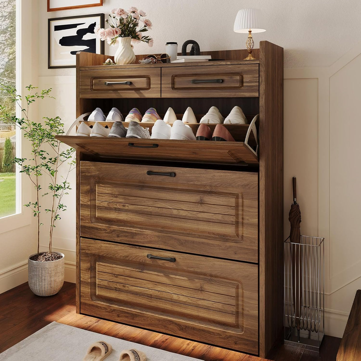 Shoe Cabinet with 3 Large Flip Drawers & 2 Storage Drawers, Narrow Shoe Organizer Cabinet Fits