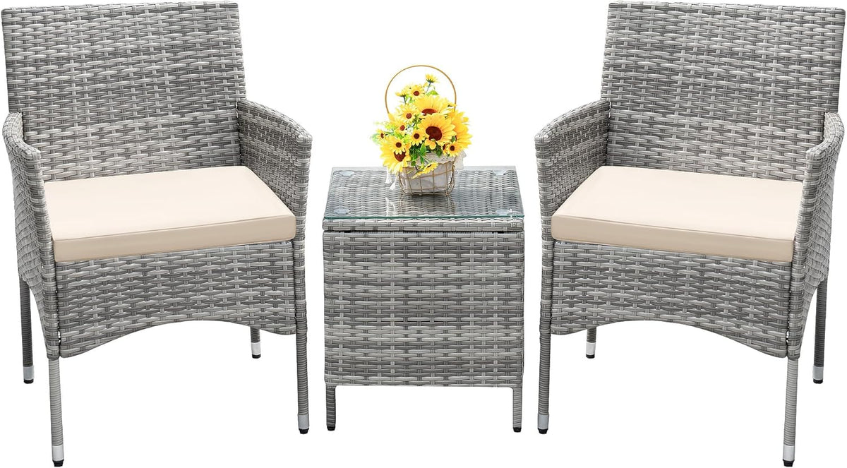 Devoko Patio Porch Furniture Sets 3 Pieces PE Rattan Wicker Chairs Outdoor Garden Furniture Sets
