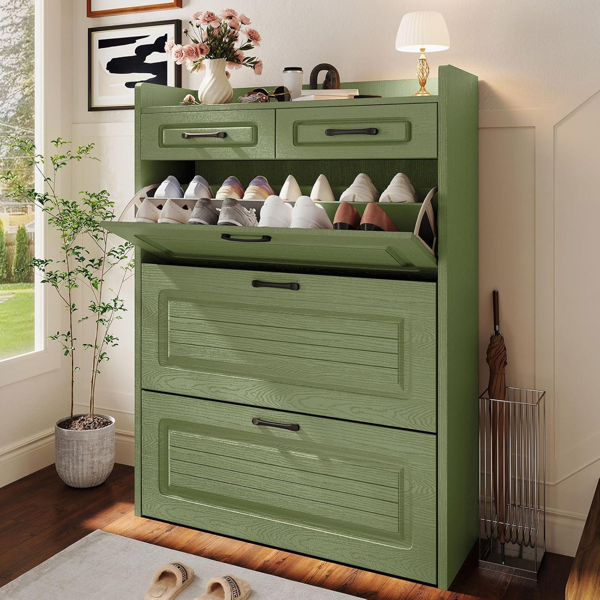 Shoe Cabinet with 3 Large Flip Drawers & 2 Storage Drawers, Narrow Shoe Organizer Cabinet Fits